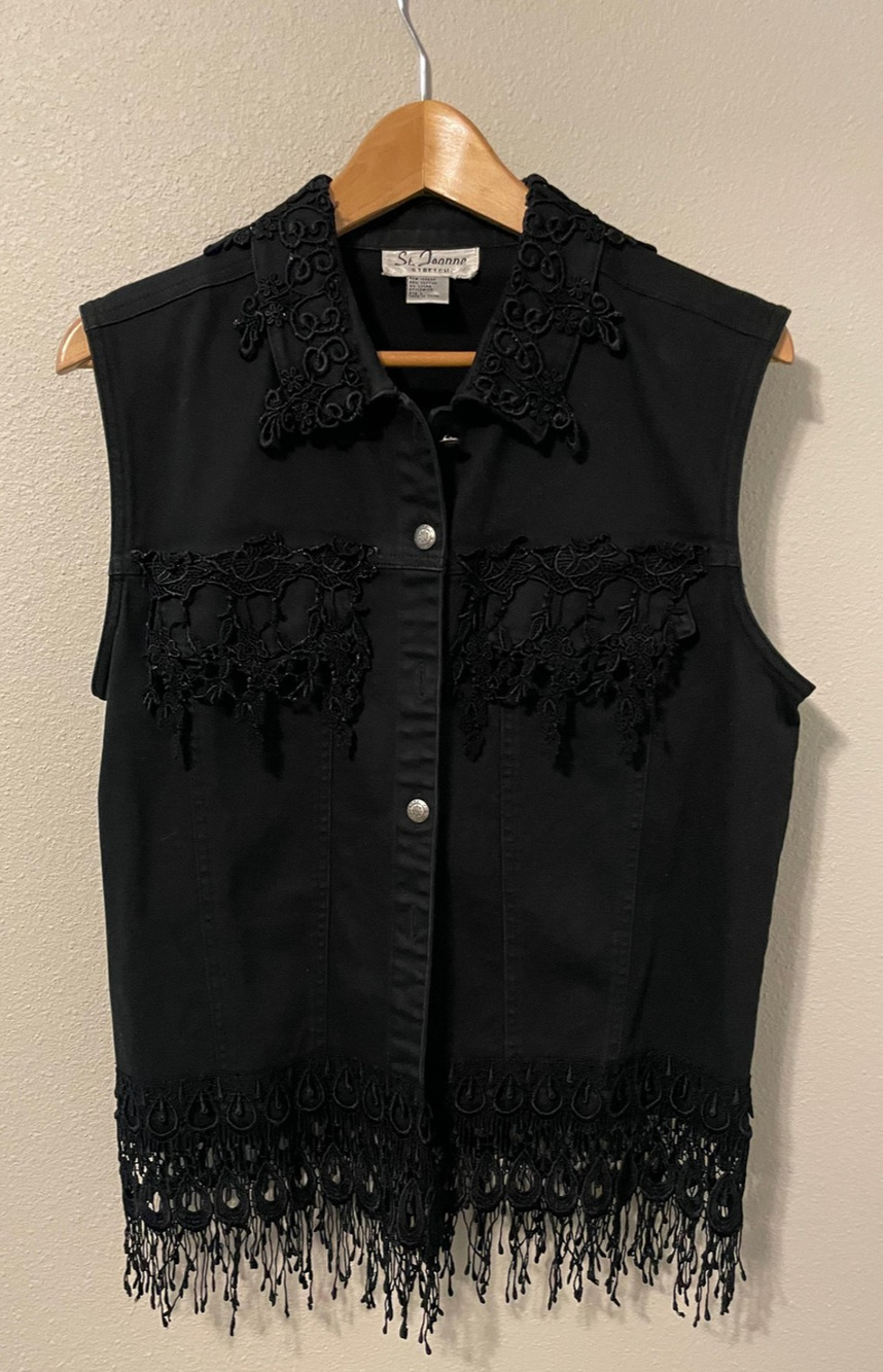 Vintage St. Joanne Vest Womens Large Black Lace Fringe Boho Artsy 80s FLAW